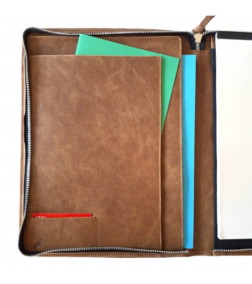 Porte-bloc zippé PA Montana format A4 cuir brun clair, bloc-notes et boucle stylo