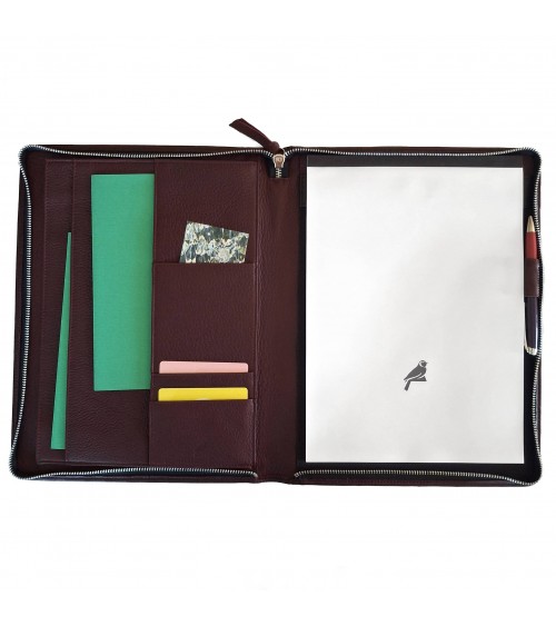 Porte-bloc zippé PA format A4 cuir d’élan bordeaux, bloc-notes et boucle stylo