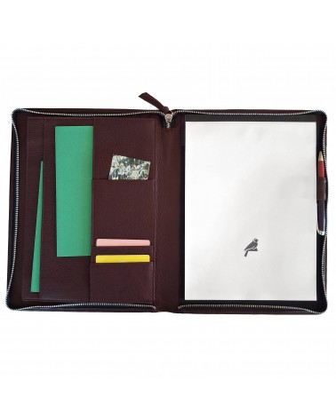 Porte-bloc zippé PA format A4 cuir d’élan bordeaux, bloc-notes et boucle stylo