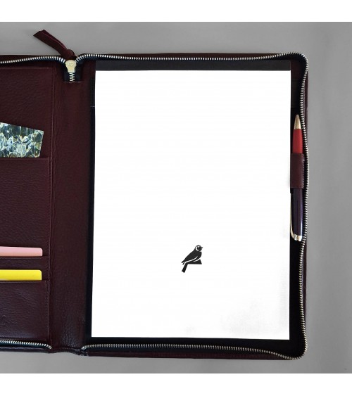 Porte-bloc zippé PA format A4 cuir d’élan bordeaux, bloc-notes et boucle stylo