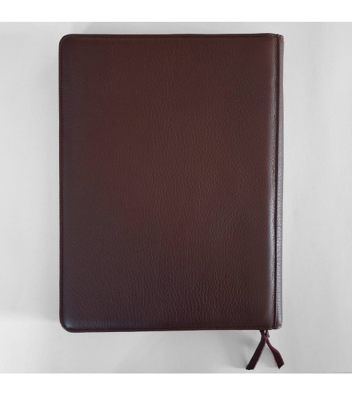 Porte-bloc zippé PA format A4 cuir d’élan bordeaux, bloc-notes et boucle stylo