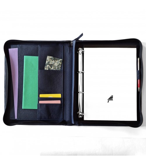 Porte-documents zippé PA Derby format A4 cuir bleu foncé avec anneaux et bloc-notes