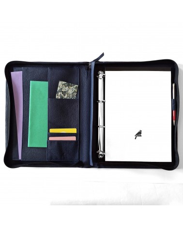 Porte-documents zippé PA Derby format A4 cuir bleu foncé avec anneaux et bloc-notes