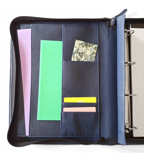 Porte-documents zippé PA Derby format A4 cuir bleu foncé avec anneaux et bloc-notes