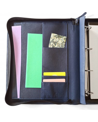 Porte-documents zippé PA Derby format A4 cuir bleu foncé avec anneaux et bloc-notes