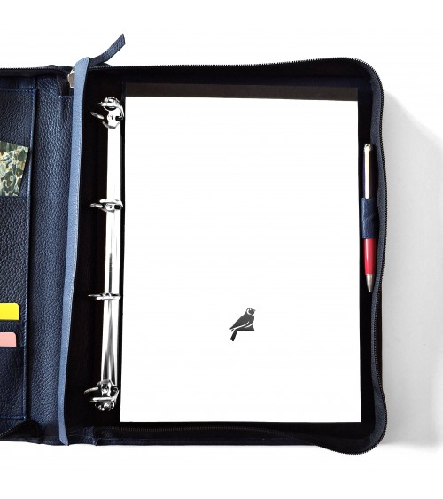Porte-documents zippé PA Derby format A4 cuir bleu foncé avec anneaux et bloc-notes