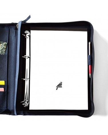 Porte-documents zippé PA Derby format A4 cuir bleu foncé avec anneaux et bloc-notes
