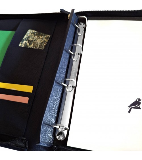 Porte-documents zippé PA Derby format A4 cuir bleu foncé avec anneaux et bloc-notes