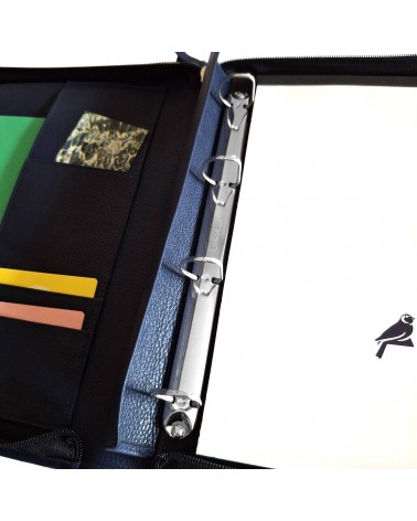 Porte-documents zippé PA Derby format A4 cuir bleu foncé avec anneaux et bloc-notes
