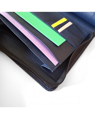 Porte-documents zippé PA Derby format A4 cuir bleu foncé avec anneaux et bloc-notes