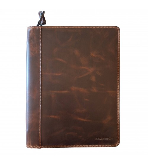 Porte-bloc zippé Maverick format A4 cuir brun vintage