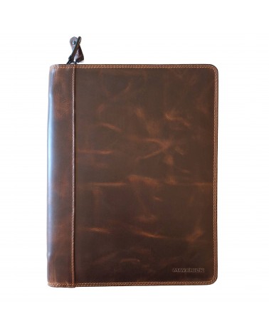 Porte-bloc zippé Maverick format A4 cuir brun vintage