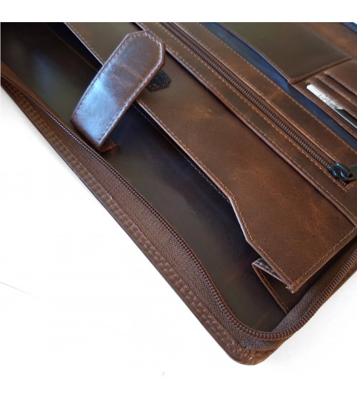Porte-bloc zippé Maverick format A4 cuir brun vintage