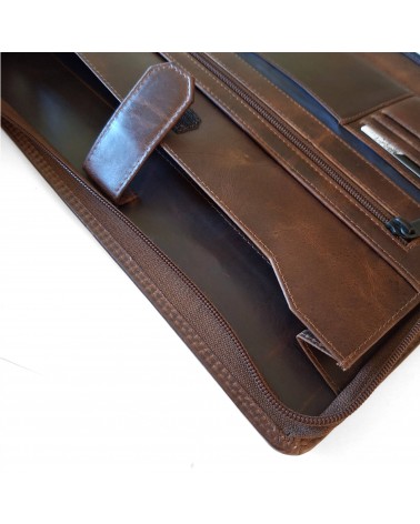 Porte-bloc zippé Maverick format A4 cuir brun vintage