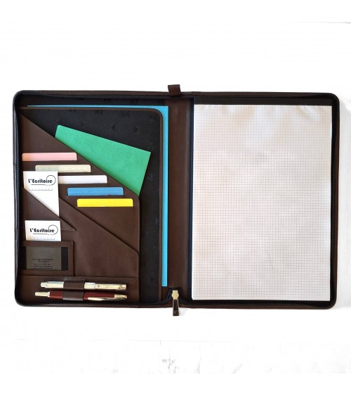 Porte-bloc zippé Cossa format A4 cuir brun foncé, fabriqué en Italie