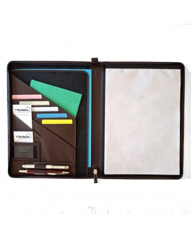 Porte-bloc zippé Cossa format A4 cuir brun foncé, fabriqué en Italie