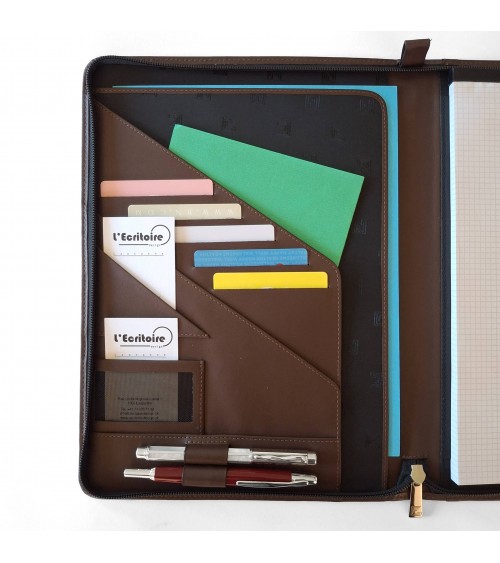 Porte-bloc zippé Cossa format A4 cuir brun foncé, fabriqué en Italie