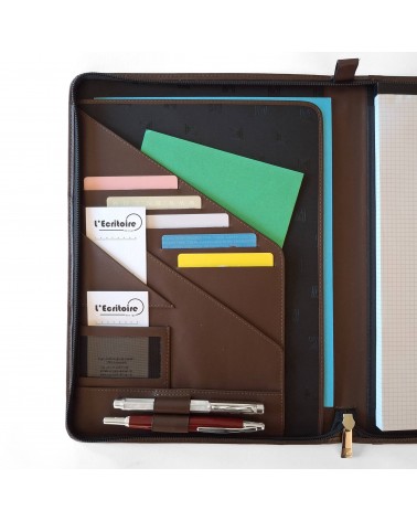 Porte-bloc zippé Cossa format A4 cuir brun foncé, fabriqué en Italie