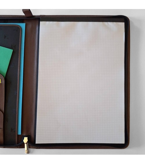 Porte-bloc zippé Cossa format A4 cuir brun foncé, fabriqué en Italie
