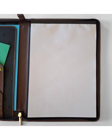 Porte-bloc zippé Cossa format A4 cuir brun foncé, fabriqué en Italie