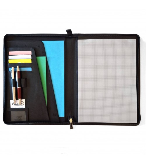 Porte-bloc zippé Cossa format A4 cuir noir, fabriqué en Italie
