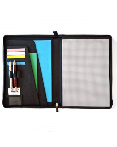 Porte-bloc zippé Cossa format A4 cuir noir, fabriqué en Italie