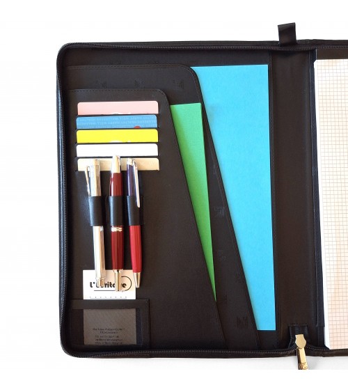 Porte-bloc zippé Cossa format A4 cuir noir, fabriqué en Italie