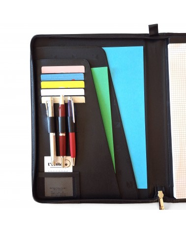 Porte-bloc zippé Cossa format A4 cuir noir, fabriqué en Italie