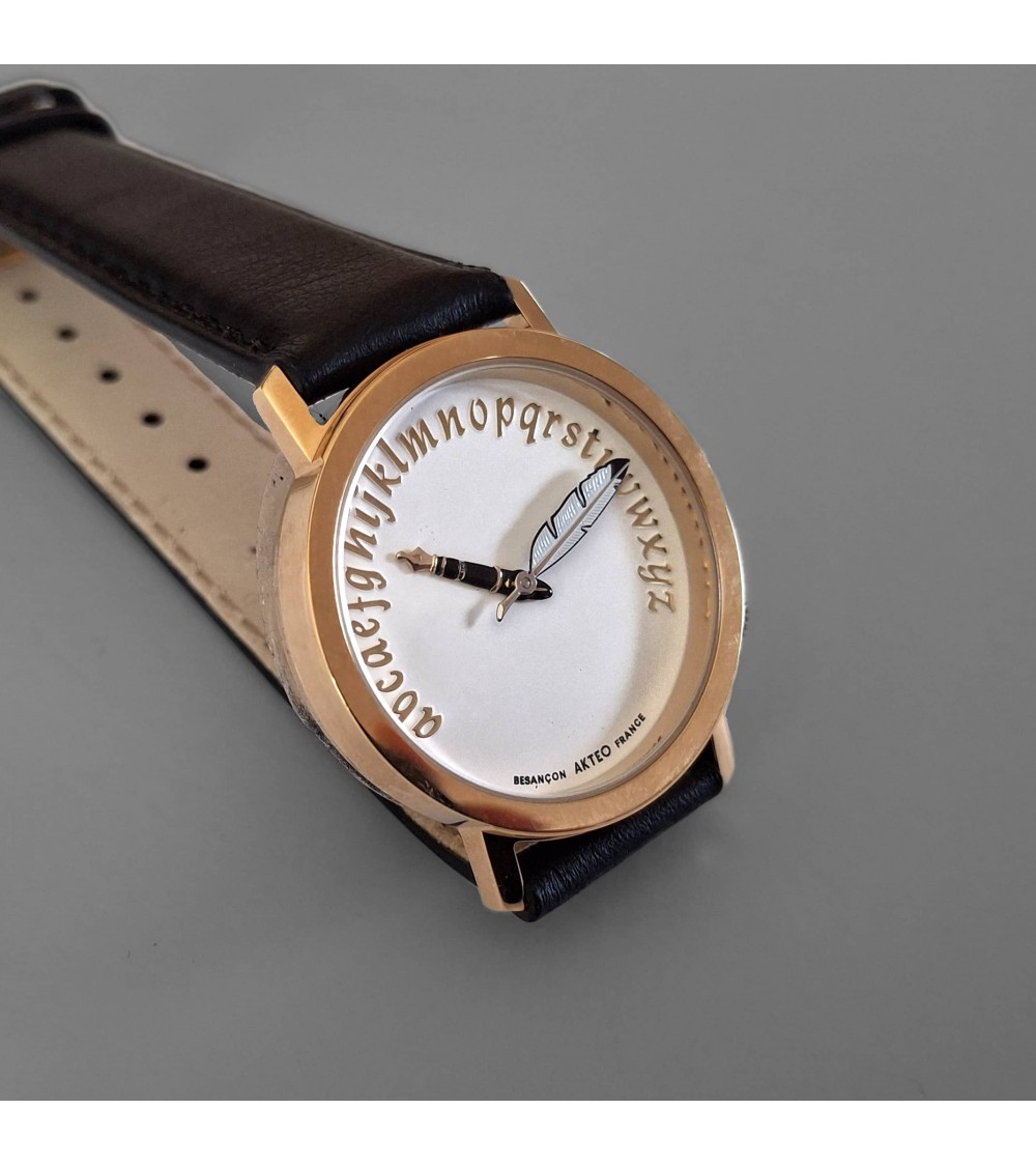 Montre AKTEO Ecrivain 32 Blanc-Or, bracelet cuir noir