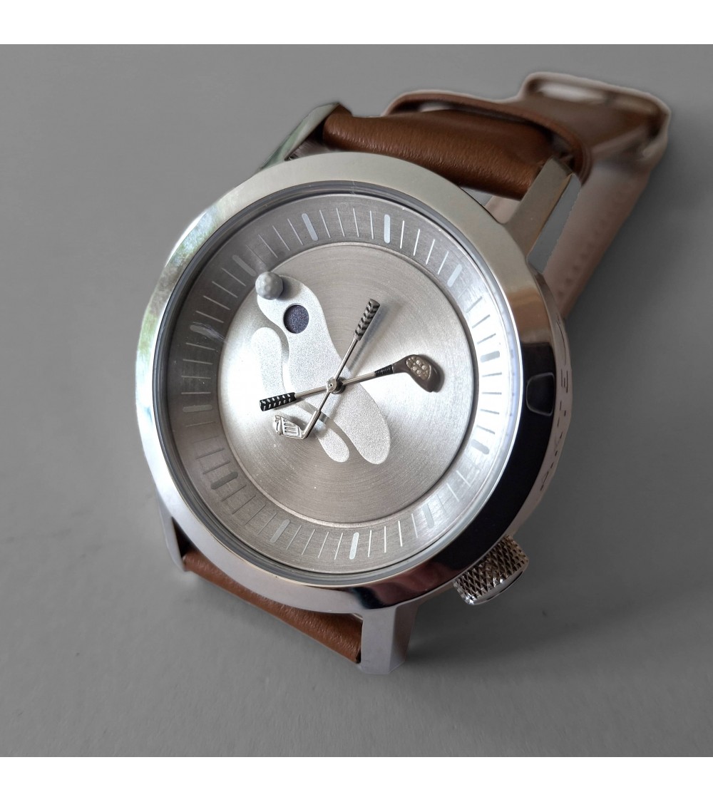 Montre Akteo Golf 42, Acier brossé-Acier poli, bracelet brun clair