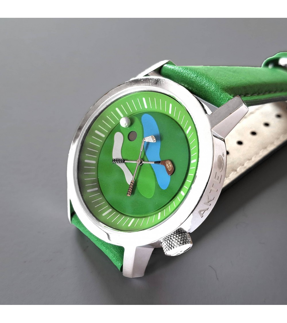 Montre Akteo Golf 42, Vert-Acier poli, bracelet cuir vert