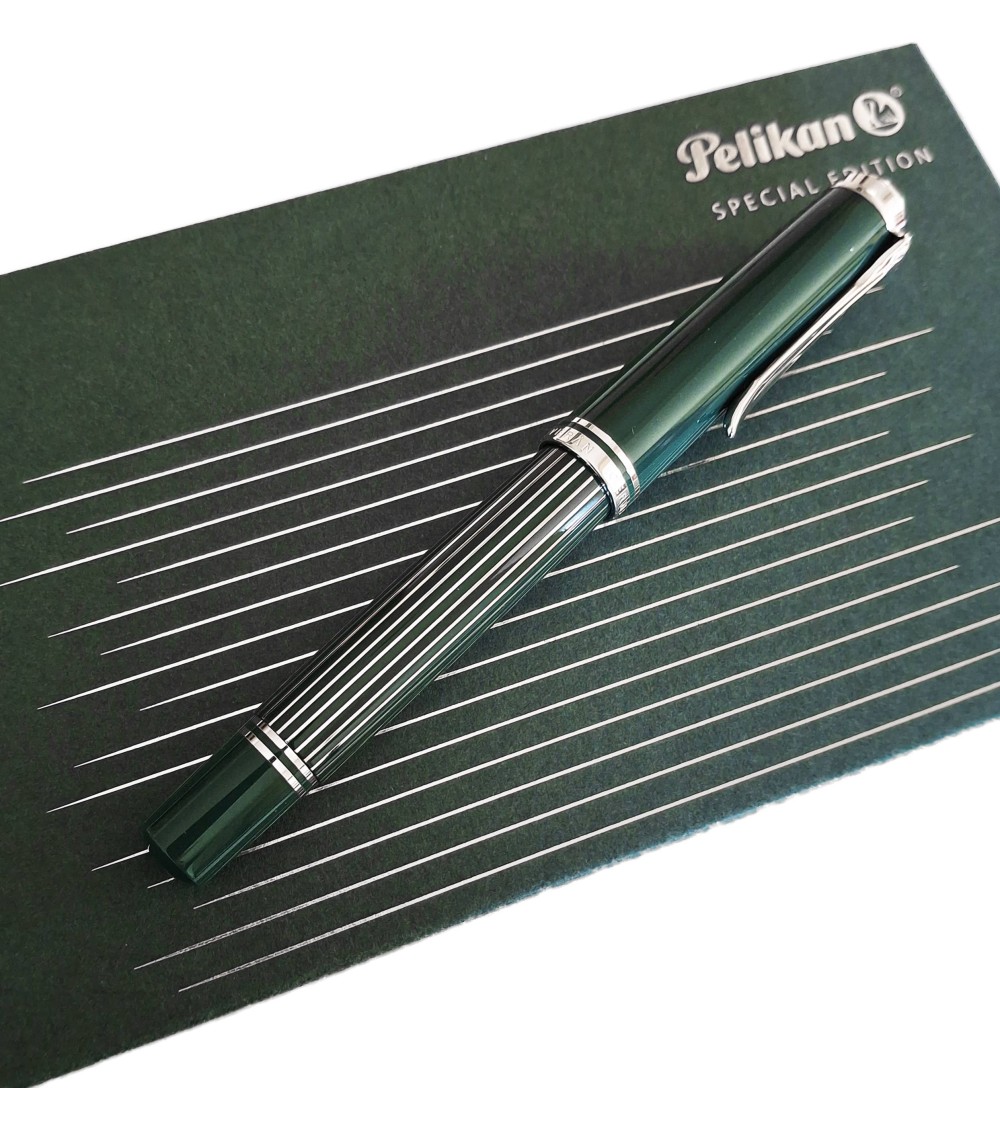 Stylo-plume à piston Pelikan M815 Metal Striped Green Green, édition spéciale, bec or 18 carats rhodié