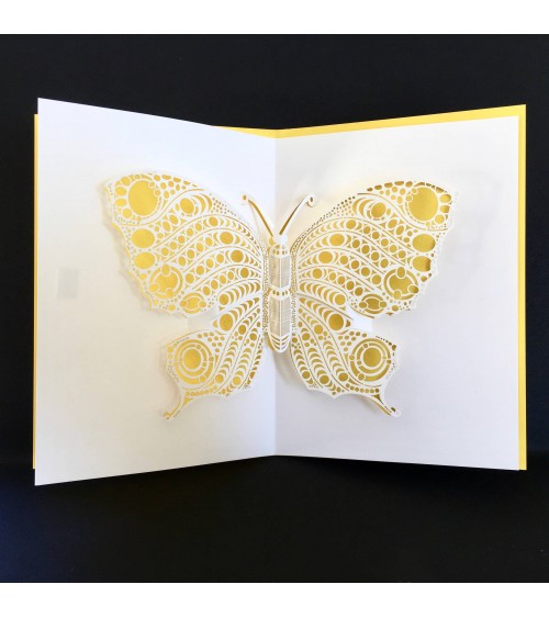 Carte Pop up Rifletto, Papillon, jaune, fabriquée en Allemagne. L'Ecritoire design, Lausanne.