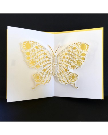 Carte Pop up Rifletto, Papillon, jaune, fabriquée en Allemagne. L'Ecritoire design, Lausanne.